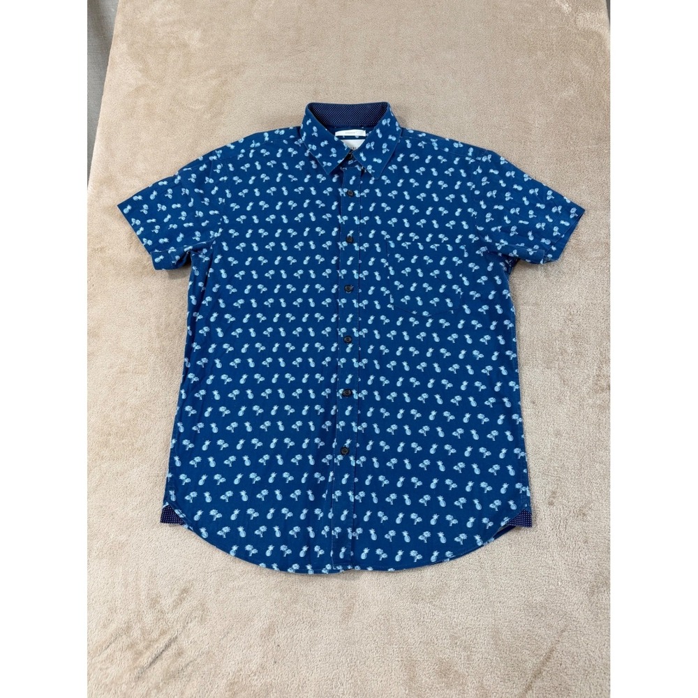 CON.STRUCT Slim Fit Shirt Mens S Pineapple Palm Tree Print AOP Blue Stretch EUC